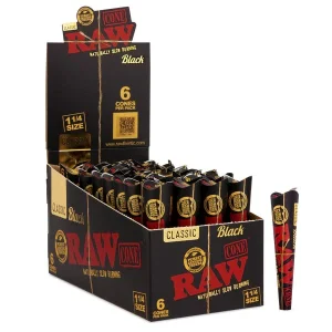 Raw Classic BLACK Cones 1 1/4″ 6-Pack (32pc Display)